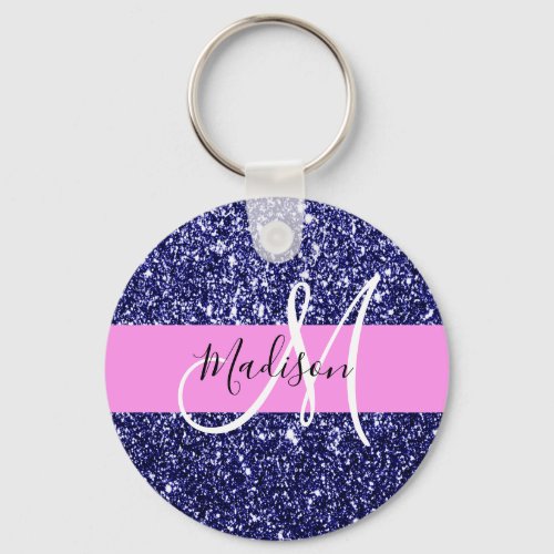 Glam Navy Blue Pink Glitter Sparkles Name Monogram Keychain