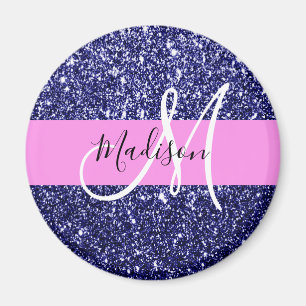 Glam Navy Blue Pink Glitter Sparkles Name Monogram Magnet