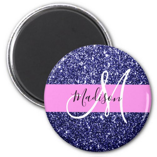 Glam Navy Blue Pink Glitter Sparkles Name Monogram Magnet