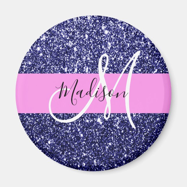 Glam Navy Blue Pink Glitter Sparkles Name Monogram Magnet (Front)
