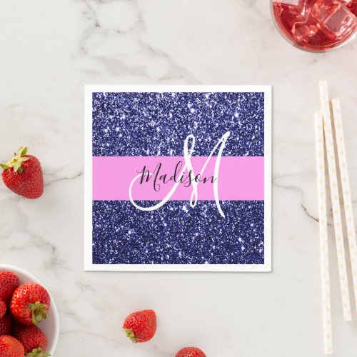 Glam Navy Blue Pink Glitter Sparkles Name Monogram Napkins