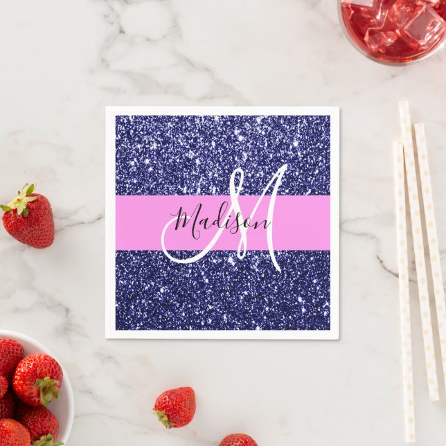 Glam Navy Blue Pink Glitter Sparkles Name Monogram Napkins (Insitu)