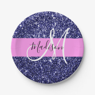 Glam Navy Blue Pink Glitter Sparkles Name Monogram Paper Plates