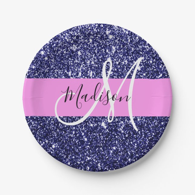 Glam Navy Blue Pink Glitter Sparkles Name Monogram Paper Plates (Front)