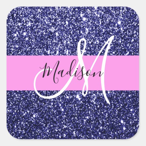 Glam Navy Blue Pink Glitter Sparkles Name Monogram Square Sticker
