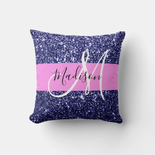 Glam Navy Blue Pink Glitter Sparkles Name Monogram Throw Pillow