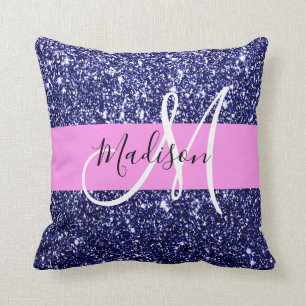 Glam Navy Blue Pink Glitter Sparkles Name Monogram Throw Pillow