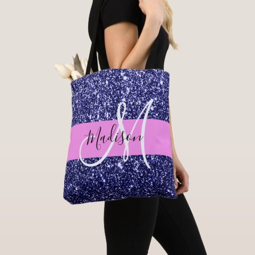 Glam Navy Blue Pink Glitter Sparkles Name Monogram Tote Bag