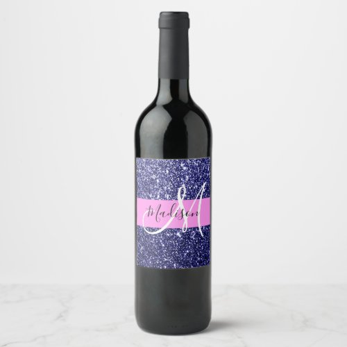 Glam Navy Blue Pink Glitter Sparkles Name Monogram Wine Label