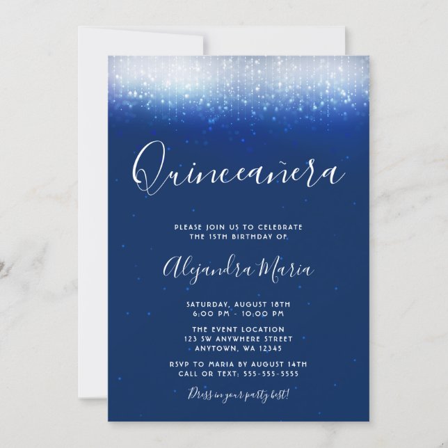 Glam Navy Blue Quinceanera Invitations (Front)
