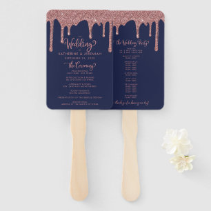 Glam Navy Blue Rose Gold Wedding Program Hand Fan