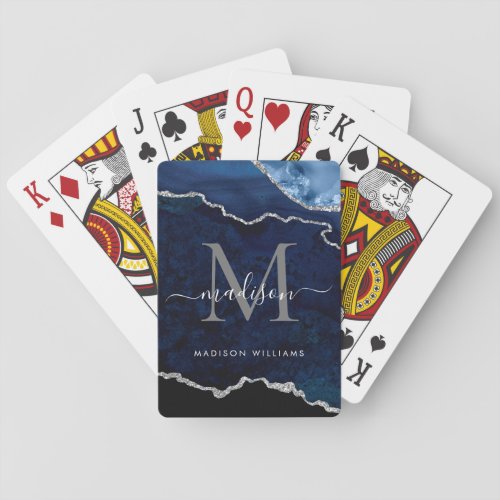 Glam Navy Blue Silver Agate Geode Glitter Monogram Playing Cards