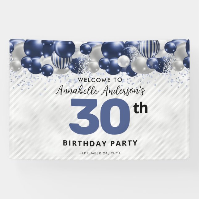 Glam Navy Blue Silver Balloon Glitter Welcome Banner (Horizontal)