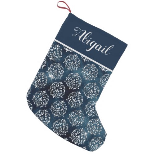 Glam Navy Blue Silver Damask Personalized Small Christmas Stocking