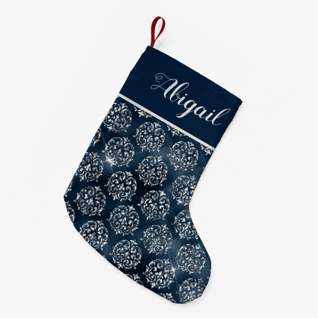 Glam Navy Blue Silver Damask Personalized Small Christmas Stocking (Front (Hanging))