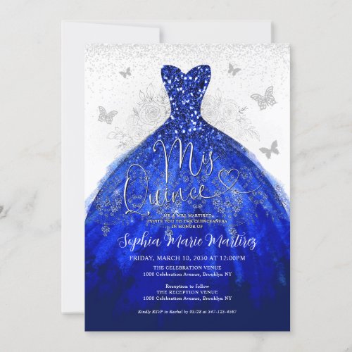 Glam Navy Blue Silver Dress Mis Quince Quinceaera Invitation