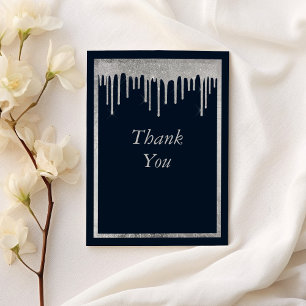 Glam navy blue silver glitter drips 50th Birthday Letterpress Thank You Card