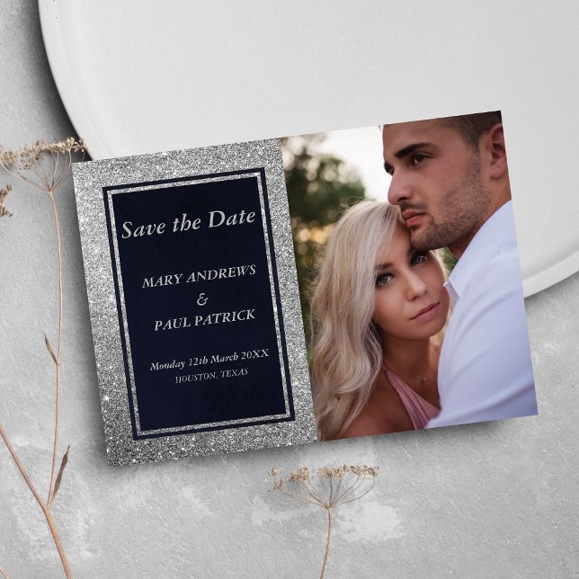 Glam navy blue silver glitter photo Save The Date (Glam navy blue silver glitter photo Save The Date)
