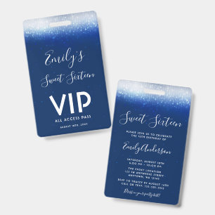 Glam Navy Blue Sweet 16  Invitation VIP Pass Badge