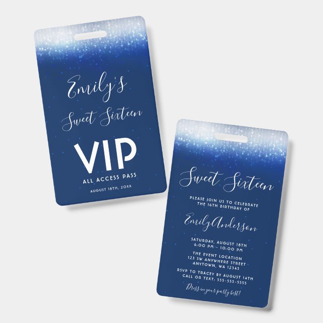 Glam Navy Blue Sweet 16  Invitation VIP Pass Badge (Front & Back)