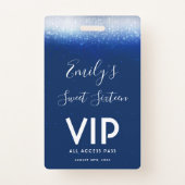 Glam Navy Blue Sweet 16  Invitation VIP Pass Badge (Front)