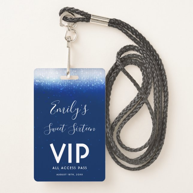 Glam Navy Blue Sweet 16  Invitation VIP Pass Badge (Front with Lanyard)