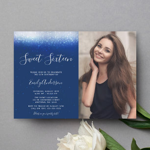 Glam Navy Blue Sweet 16 Photo Invitation