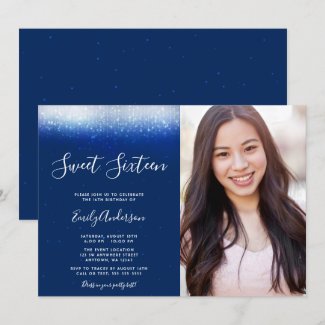 Glam Navy Blue Sweet 16 Photo Invitation