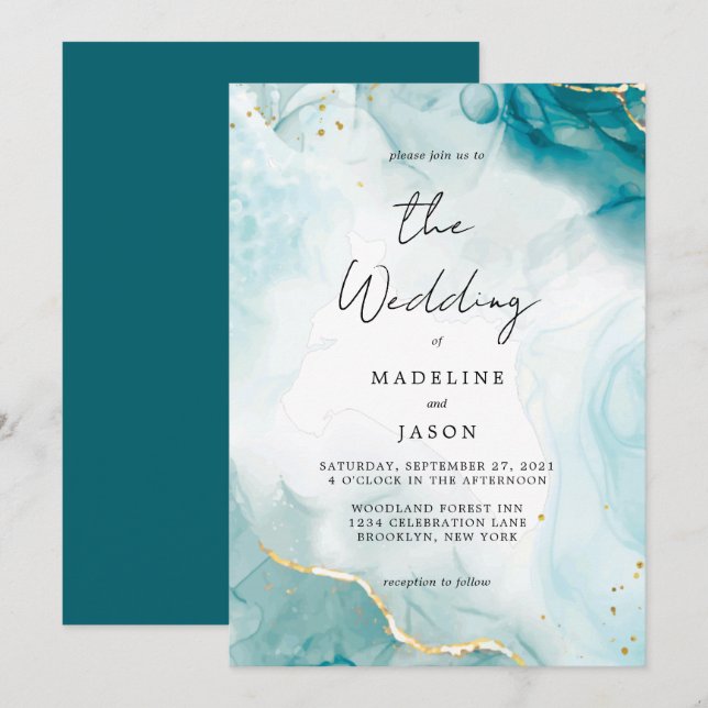 Glam Navy Blue Watercolor Gold Fluid Ink Wedding Invitation (Front/Back)