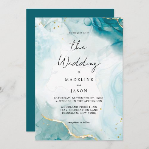 Glam Navy Blue Watercolor Gold Fluid Ink Wedding Invitation