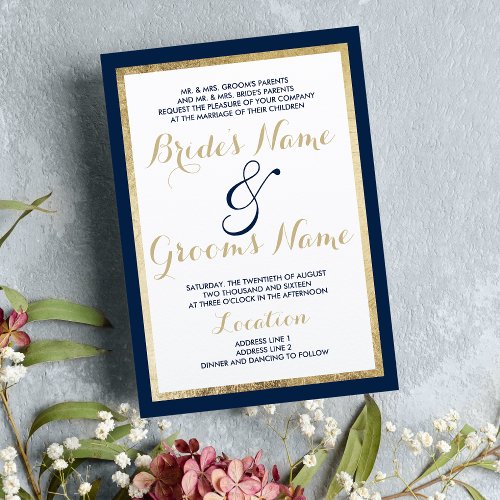 Glam navy blue white gold burgundy border Wedding  Invitation