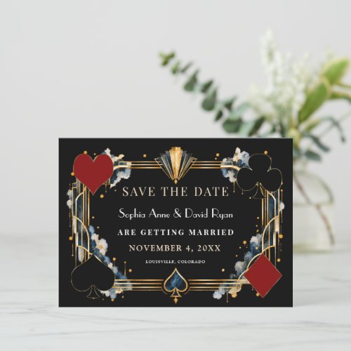 Glam Navy Gold Black Art Deco Casino Night Wedding Save The Date
