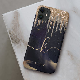 Glam Navy &amp; Gold Glitter Drips Script Monogram iPhone 11 Case