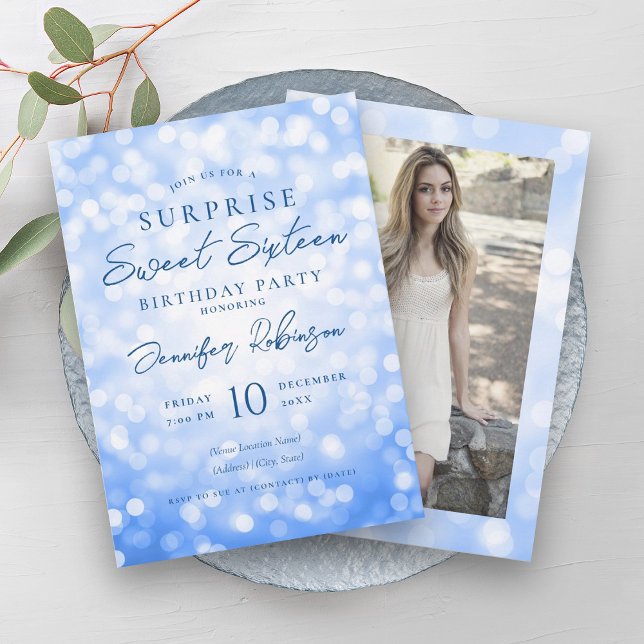 Glam Navy Lights Photo SURPRISE Sweet 16   Invitation (Glam Navy Lights Photo SURPRISE Sweet 16 Invitation)
