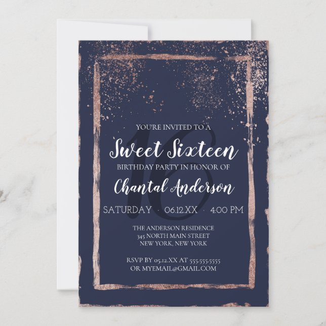 Glam Navy Rose Gold Confetti Brushstroke Sweet 16 Invitation (Front)