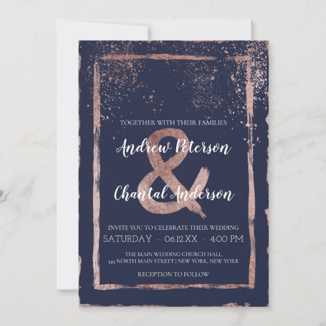 Glam Navy Rose Gold Confetti Brushstroke Wedding Invitation (Front)