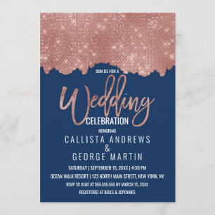 Glam Navy Rose Gold Glitter Color Block Wedding Invitation