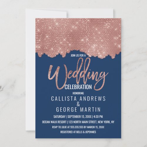 Glam Navy Rose Gold Glitter Color Block Wedding Invitation