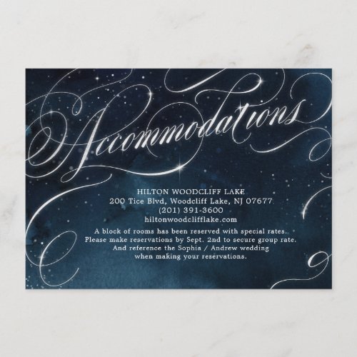 Glam navy silver vintage calligraphy accommodation enclosure card