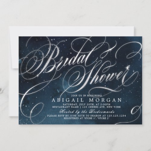 Glam navy silver vintage calligraphy Bridal Shower Invitation