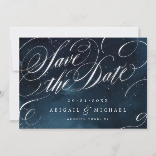 Glam navy silver vintage calligraphy save the date