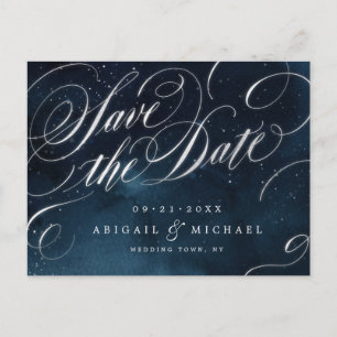 Glam navy silver vintage calligraphy save the date announcement postcard