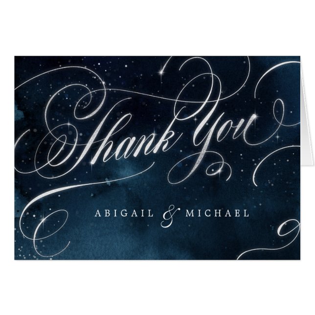 Glam navy silver vintage calligraphy thank you (Front Horizontal)