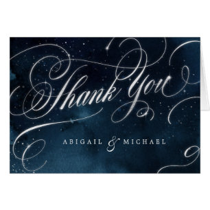 Glam navy silver vintage calligraphy thank you cards