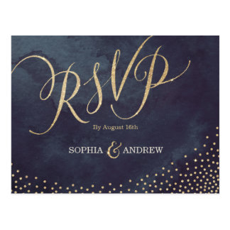 Glam night faux gold glitter calligraphy RSVP Postcard