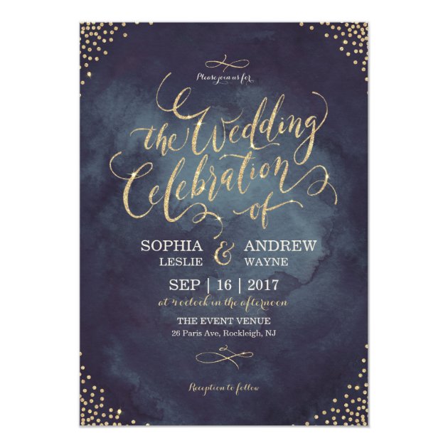 Glam Night Faux Gold Glitter Calligraphy Wedding Invitation