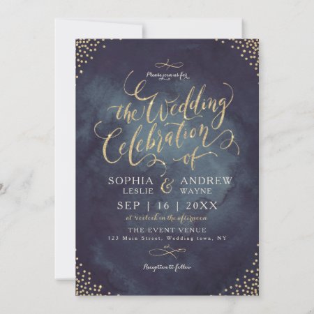 Glam Night Faux Gold Glitter Calligraphy Wedding Invitation