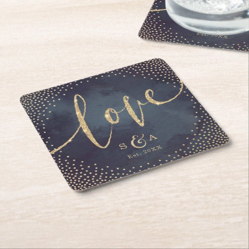 Glam night faux gold glitter wedding monogram square paper coaster