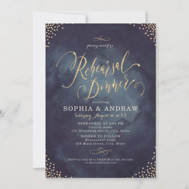 Glam night gold calligraphy Rehearsal Dinner Invitation (Front)