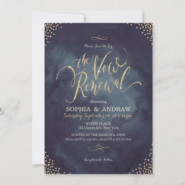 Glam night gold calligraphy vow renewal invitation (Front)